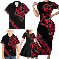 All Black Maori Tribal Tattoo Personalised Family Matching Short Sleeve Bodycon Dress and Hawaiian Shirt Classic Red Polynesian Style - Polynesian Pride