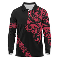 All Black Maori Tribal Tattoo Personalised Long Sleeve Polo Shirt Classic Red Polynesian Style - Polynesian Pride