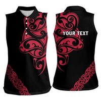 All Black Maori Tribal Tattoo Personalised Women Sleeveless Polo Shirt Classic Red Polynesian Style - Polynesian Pride