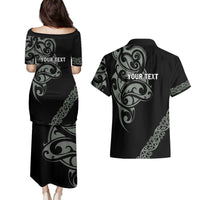 All Black Maori Tribal Tattoo Personalised Couples Matching Puletasi and Hawaiian Shirt Moss Green Polynesian Style - Polynesian Pride