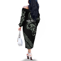 All Black Maori Tribal Tattoo Personalised Family Matching Off The Shoulder Long Sleeve Dress and Hawaiian Shirt Moss Green Polynesian Style - Polynesian Pride