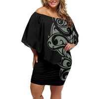 All Black Maori Tribal Tattoo Personalised Family Matching Off Shoulder Short Dress and Hawaiian Shirt Moss Green Polynesian Style - Polynesian Pride