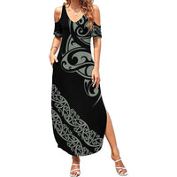 All Black Maori Tribal Tattoo Personalised Family Matching Summer Maxi Dress and Hawaiian Shirt Moss Green Polynesian Style - Polynesian Pride