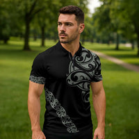 All Black Maori Tribal Tattoo Personalised Zipper Polo Shirt Moss Green Polynesian Style - Polynesian Pride