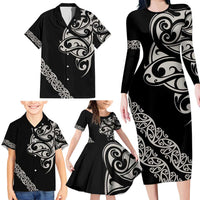 All Black Maori Tribal Tattoo Personalised Family Matching Long Sleeve Bodycon Dress and Hawaiian Shirt Stone Gray Polynesian Style - Polynesian Pride