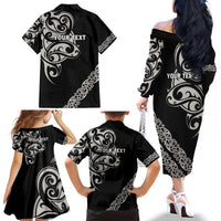 All Black Maori Tribal Tattoo Personalised Family Matching Off The Shoulder Long Sleeve Dress and Hawaiian Shirt Stone Gray Polynesian Style - Polynesian Pride