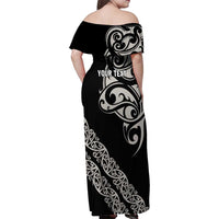 All Black Maori Tribal Tattoo Personalised Family Matching Off Shoulder Maxi Dress and Hawaiian Shirt Stone Gray Polynesian Style - Polynesian Pride