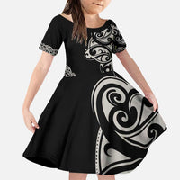All Black Maori Tribal Tattoo Personalised Family Matching Puletasi and Hawaiian Shirt Stone Gray Polynesian Style LT9 Daughter's Dress Gray - Polynesian Pride