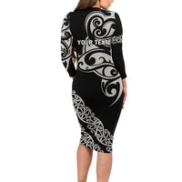 All Black Maori Tribal Tattoo Personalised Long Sleeve Bodycon Dress Stone Gray Polynesian Style - Polynesian Pride