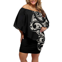 All Black Maori Tribal Tattoo Personalised Off Shoulder Short Dress Stone Gray Polynesian Style - Polynesian Pride