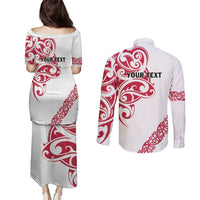 All White Maori Tribal Tattoo Personalised Couples Matching Puletasi and Long Sleeve Button Shirt Classic Red Polynesian Style - Polynesian Pride