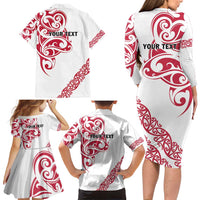 All White Maori Tribal Tattoo Personalised Family Matching Long Sleeve Bodycon Dress and Hawaiian Shirt Classic Red Polynesian Style - Polynesian Pride