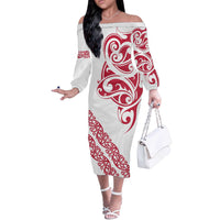 All White Maori Tribal Tattoo Personalised Off The Shoulder Long Sleeve Dress Classic Red Polynesian Style - Polynesian Pride