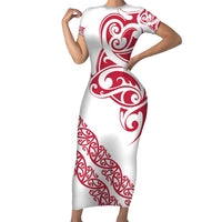 All White Maori Tribal Tattoo Personalised Short Sleeve Bodycon Dress Classic Red Polynesian Style - Polynesian Pride