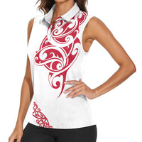 All White Maori Tribal Tattoo Personalised Women Sleeveless Polo Shirt Classic Red Polynesian Style - Polynesian Pride