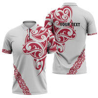 All White Maori Tribal Tattoo Personalised Zipper Polo Shirt Classic Red Polynesian Style - Polynesian Pride