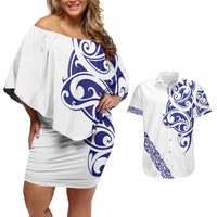 All White Maori Tribal Tattoo Personalised Couples Matching Off Shoulder Short Dress and Hawaiian Shirt Dark Blue Polynesian Style - Polynesian Pride