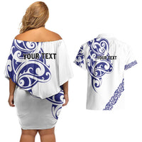 All White Maori Tribal Tattoo Personalised Couples Matching Off Shoulder Short Dress and Hawaiian Shirt Dark Blue Polynesian Style - Polynesian Pride