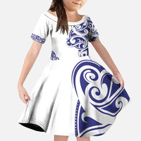 All White Maori Tribal Tattoo Personalised Family Matching Long Sleeve Bodycon Dress and Hawaiian Shirt Dark Blue Polynesian Style - Polynesian Pride