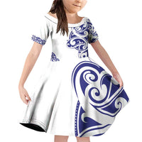 All White Maori Tribal Tattoo Personalised Family Matching Off Shoulder Short Dress and Hawaiian Shirt Dark Blue Polynesian Style - Polynesian Pride