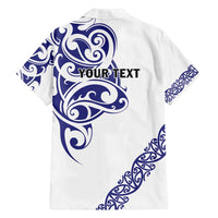 All White Maori Tribal Tattoo Personalised Family Matching Off Shoulder Short Dress and Hawaiian Shirt Dark Blue Polynesian Style - Polynesian Pride