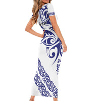 All White Maori Tribal Tattoo Personalised Family Matching Short Sleeve Bodycon Dress and Hawaiian Shirt Dark Blue Polynesian Style - Polynesian Pride