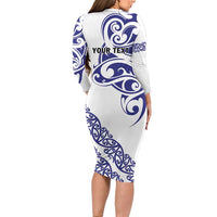 All White Maori Tribal Tattoo Personalised Long Sleeve Bodycon Dress Dark Blue Polynesian Style - Polynesian Pride