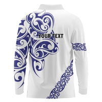 All White Maori Tribal Tattoo Personalised Long Sleeve Polo Shirt Dark Blue Polynesian Style - Polynesian Pride