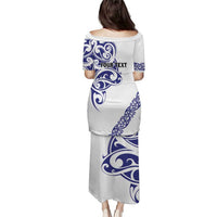All White Maori Tribal Tattoo Personalised Puletasi Dark Blue Polynesian Style - Polynesian Pride