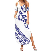 All White Maori Tribal Tattoo Personalised Summer Maxi Dress Dark Blue Polynesian Style - Polynesian Pride