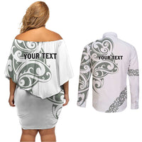 All White Maori Tribal Tattoo Personalised Couples Matching Off Shoulder Short Dress and Long Sleeve Button Shirt Moss Green Polynesian Style - Polynesian Pride
