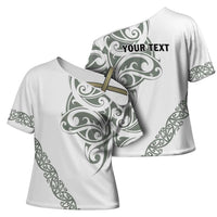 All White Maori Tribal Tattoo Personalised Cross Shoulder Shirt Moss Green Polynesian Style - Polynesian Pride