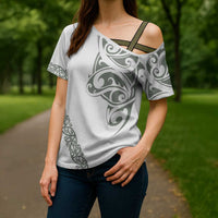 All White Maori Tribal Tattoo Personalised Cross Shoulder Shirt Moss Green Polynesian Style - Polynesian Pride