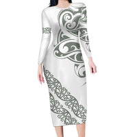 All White Maori Tribal Tattoo Personalised Family Matching Long Sleeve Bodycon Dress and Hawaiian Shirt Moss Green Polynesian Style - Polynesian Pride