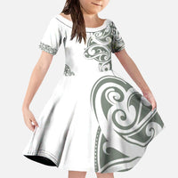 All White Maori Tribal Tattoo Personalised Family Matching Off The Shoulder Long Sleeve Dress and Hawaiian Shirt Moss Green Polynesian Style - Polynesian Pride