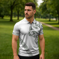All White Maori Tribal Tattoo Personalised Zipper Polo Shirt Moss Green Polynesian Style - Polynesian Pride