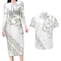 All White Maori Tribal Tattoo Personalised Couples Matching Long Sleeve Bodycon Dress and Hawaiian Shirt Stone Gray Polynesian Style - Polynesian Pride