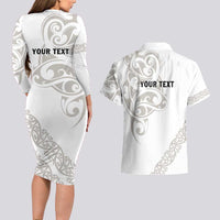 All White Maori Tribal Tattoo Personalised Couples Matching Long Sleeve Bodycon Dress and Hawaiian Shirt Stone Gray Polynesian Style - Polynesian Pride