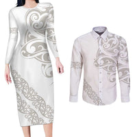 All White Maori Tribal Tattoo Personalised Couples Matching Long Sleeve Bodycon Dress and Long Sleeve Button Shirt Stone Gray Polynesian Style - Polynesian Pride