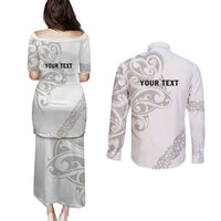All White Maori Tribal Tattoo Personalised Couples Matching Puletasi and Long Sleeve Button Shirt Stone Gray Polynesian Style - Polynesian Pride
