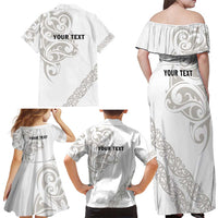All White Maori Tribal Tattoo Personalised Family Matching Off Shoulder Maxi Dress and Hawaiian Shirt Stone Gray Polynesian Style - Polynesian Pride