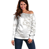 All White Maori Tribal Tattoo Personalised Off Shoulder Sweater Stone Gray Polynesian Style - Polynesian Pride