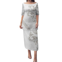 All White Maori Tribal Tattoo Personalised Puletasi Stone Gray Polynesian Style LT9 Long Dress Gray - Polynesian Pride