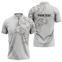 All White Maori Tribal Tattoo Personalised Zipper Polo Shirt Stone Gray Polynesian Style - Polynesian Pride