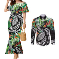 Polynesian Pacific Rugby Tribal Couples Matching Mermaid Dress and Long Sleeve Button Shirt Tropical Vibe