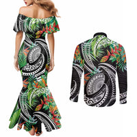Polynesian Pacific Rugby Tribal Couples Matching Mermaid Dress and Long Sleeve Button Shirt Tropical Vibe