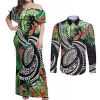 Polynesian Pacific Rugby Tribal Couples Matching Off Shoulder Maxi Dress and Long Sleeve Button Shirt Tropical Vibe