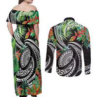 Polynesian Pacific Rugby Tribal Couples Matching Off Shoulder Maxi Dress and Long Sleeve Button Shirt Tropical Vibe
