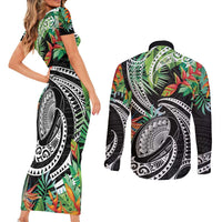 Polynesian Pacific Rugby Tribal Couples Matching Short Sleeve Bodycon Dress and Long Sleeve Button Shirt Tropical Vibe