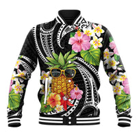 Hau'oli Makahiki Hou Baseball Jacket Aloha Pineapple Tropical Vibe LT9 Unisex Black - Polynesian Pride